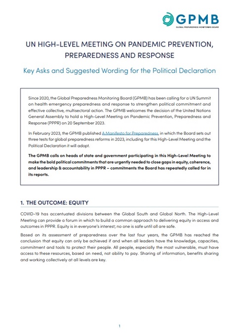 GPMB Key asks for the UN High-Level Meeting on Pandemic Prevention, Preparedness and Response